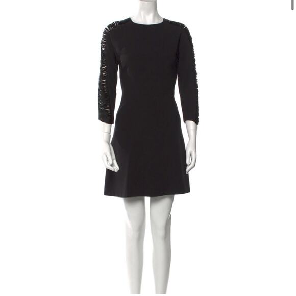 Sandro Paris Black Crew Neck Mini Dress With Fringe Detail Sleeves Size 2 - Picture 1 of 11
